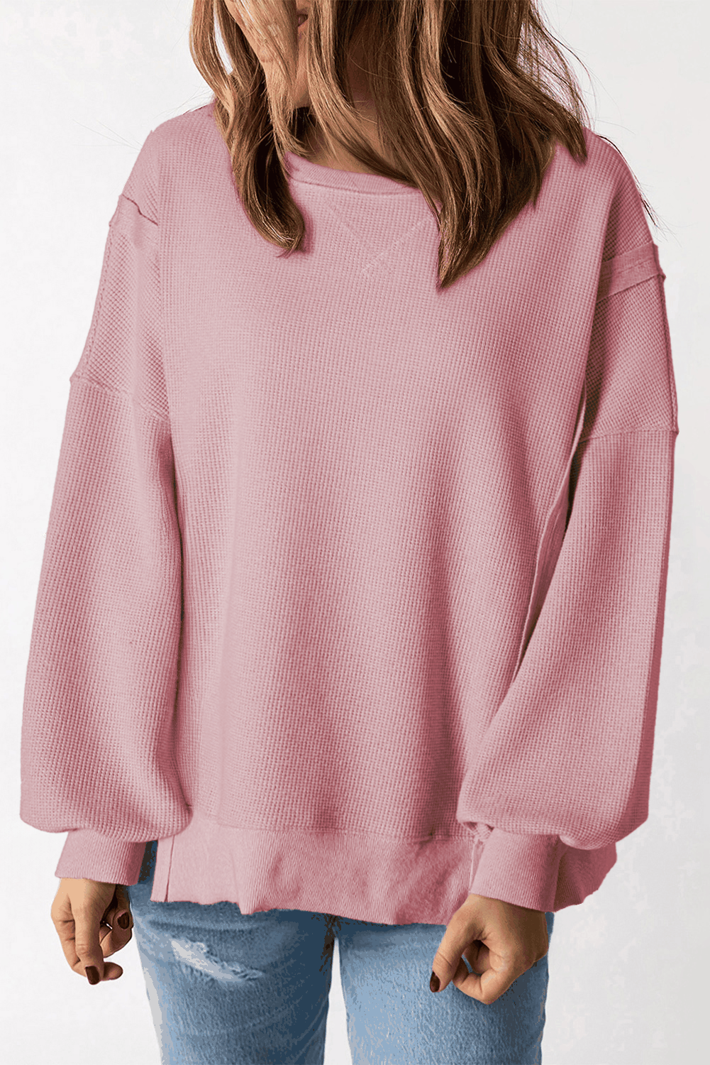 Pink Waffle Knit Bishop Sleeve Split Oversized Sweatshirt - Love Salve